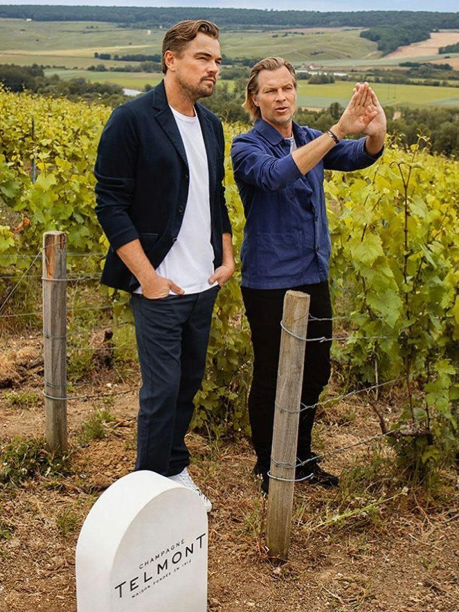 好萊塢巨星李奧納多狄卡皮歐（左）加入「天夢香檳」的投資行列，成為其股東之一。圖為他與酒莊總裁Ludovic du Plessis（右）在天夢香檳的葡萄園。