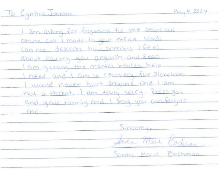 <em>An apology letter written by Sandra Bachman to former Detroit area State Rep. Cynthia A. Johnson. (Courtesy Cynthia A. Johnson. WLNS)</em>