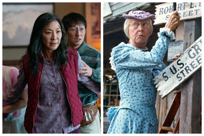 A diptych of Michelle Yeoh in a scene from Everything Everywhere All at Once" and Irene Ryan in "The Beverly Hillbillies."