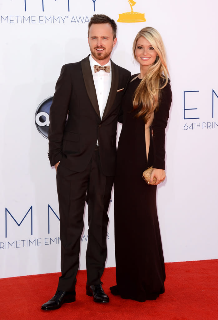 Aaron Paul and Lauren Parsekian at the 64th Primetime Emmy Awards at the Nokia Theatre in Los Angeles on September 23, 2012.