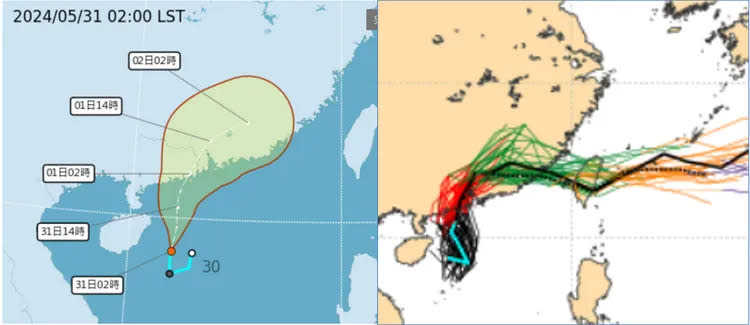最新（31日2時）氣象署路徑潛勢預測圖（左）顯示，南海一個熱帶低壓今（31）日將發展為今年第2號颱風「馬力斯」，其行徑與最新（30日20時）歐洲（ECMWF）模式系集模擬（右）類似，先向北前進、再轉向偏東，直到明（1）日登陸廣東後減弱。氣象應用推廣基金會