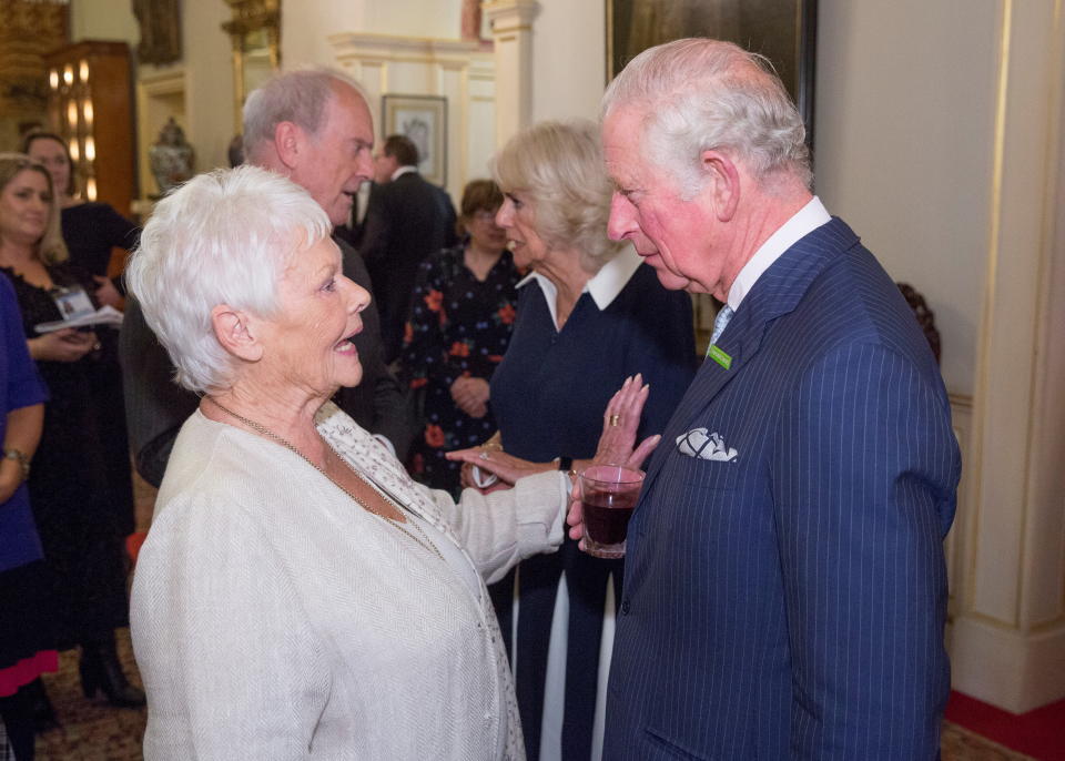 Britain's Prince Charles speaks with Dame Judy Dench at a reception hosted by Britain's Camilla, Duchess of Cornwall, for 'The Duchess of Cornwall's Reading Room', Windsor, Britain, October 26, 2021. Ian Jones/Pool via REUTERS