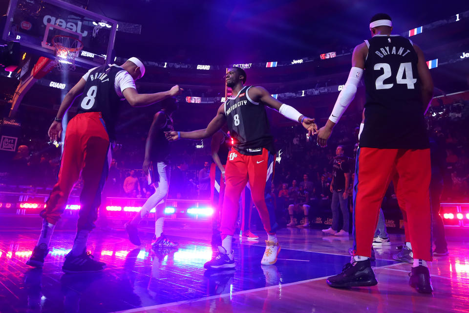 Pistons players donned black Kobe Bryant jerseys during their pre-game introductions on Monday. (Gregory Shamus/Getty Images)