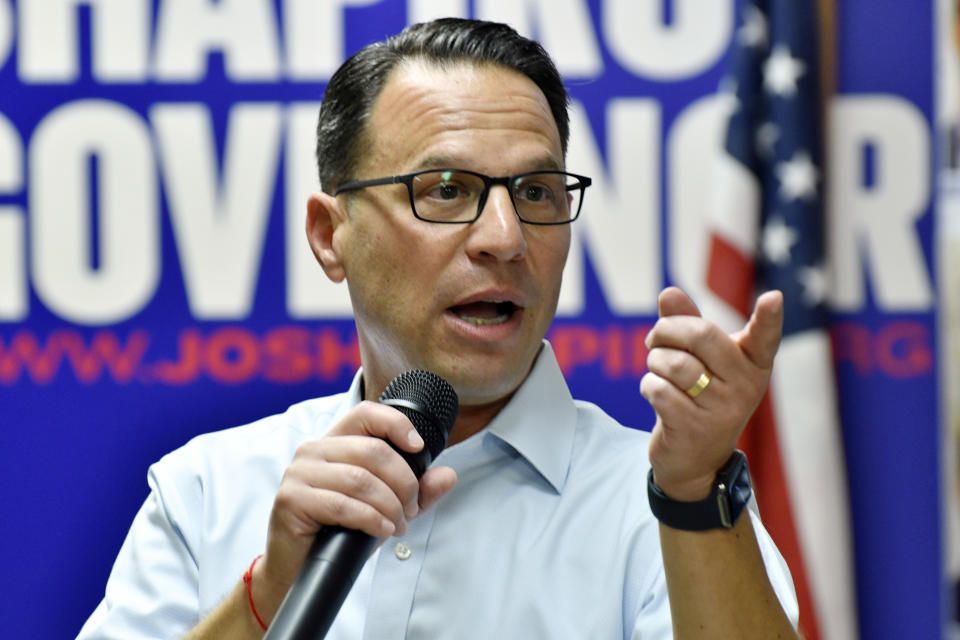 Josh Shapiro, Pennsylvania's Democratic nominee for governor, speaks to the crowd during a campaign event at Adams County Democratic Party headquarters, Sept. 17, 2022, in Gettysburg, Pa. (AP Photo/Marc Levy)