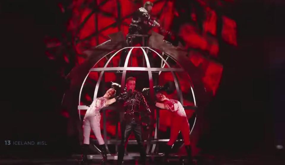 Iceland's Hatari performs at Eurovision 2019 in Tel Aviv