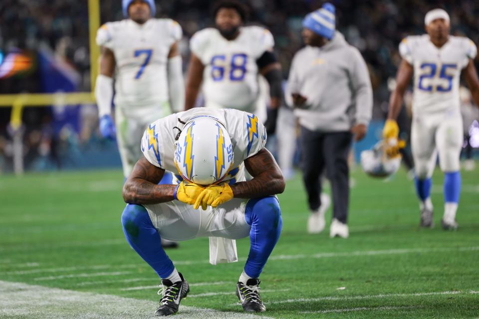 Los Angeles Chargers cornerback Asante Samuel Jr. (26) reacts after losing to the Jacksonville Jaguars during a wild card game at TIAA Bank Field.