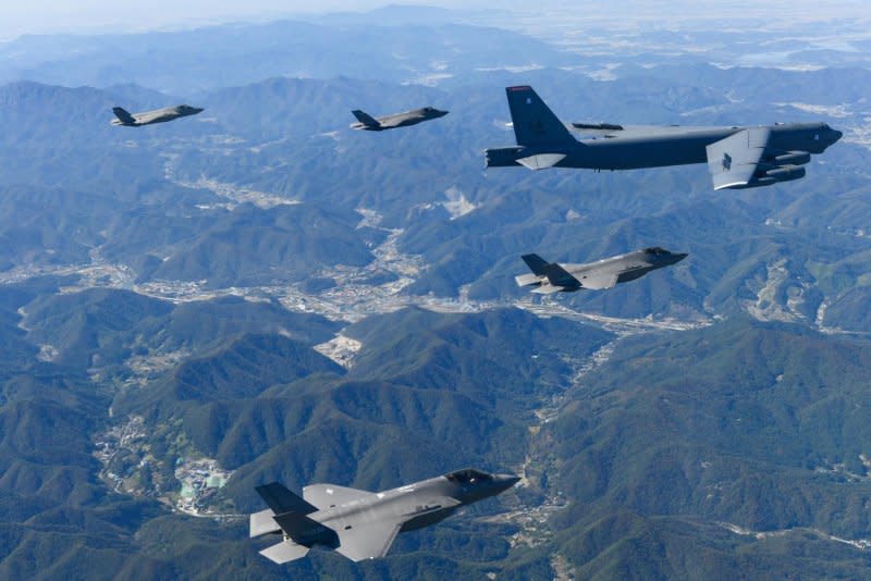A U.S. B-52 bomber conducted exercises with South Korean fighter jets before landing in the country for the first time ever Tuesday. Photo courtesy of South Korea Air Force