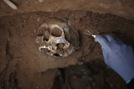 A member of the Association for the Recovery of Historical Memory (ARMH) takes part in the exhumation of the grave in Guadalajara's cemetery, Spain, January 23, 2016. REUTERS/Juan Medina