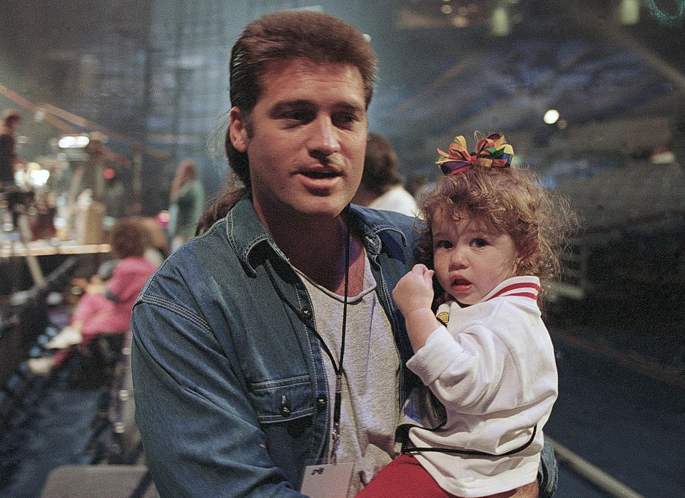 Memphis - October 08: Singer/Songwriter Billy Ray Cyrus and daughter Miley Cyrus attends Elvis: The Tribute at The Pyramid Arena in Memphis Tennessee October 08, 1994 (Photo By Rick Diamond/Getty Images)