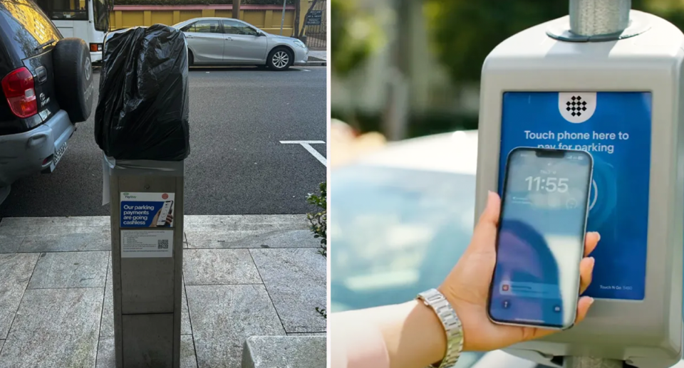 Traditional parking meters with a black bag over the top of it (left) and the new cashless parking meters with someone using the phone to tap and pay (right). 