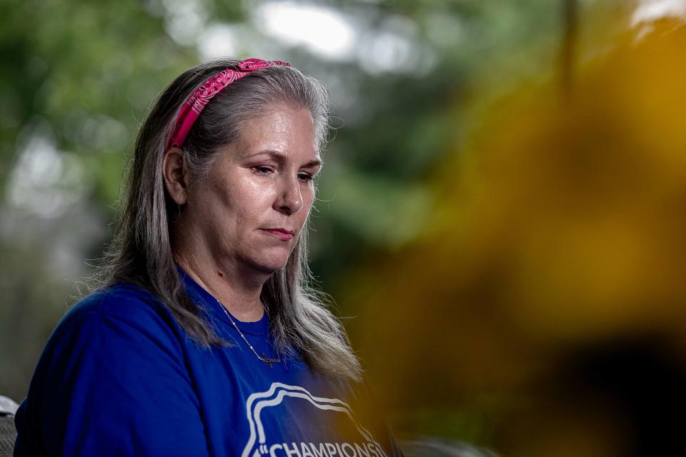 Chandra Emerson pauses while talking about her son, Max Emerson, who was shot and killed on the morning of July 5 on the campus of Catholic University in Washington, D.C. Oct. 5, 2023.