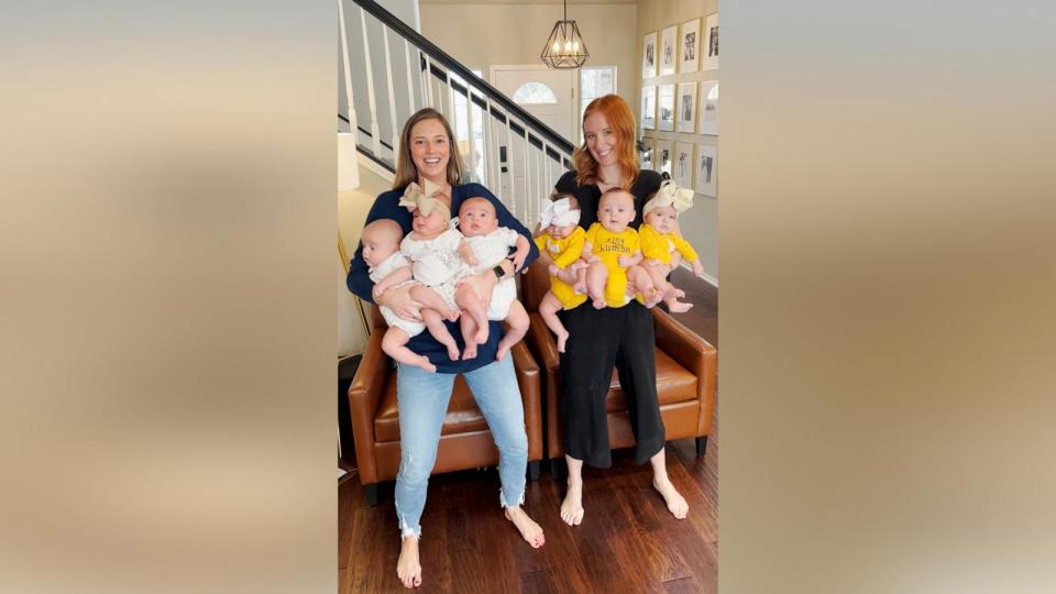PHOTO: Amber Rodriguez and Mandi Oldani met after they both welcomed triplets at Resolute Baptist Hospital in New Braunfels, Texas. (Courtesy of Amber Rodriguez)