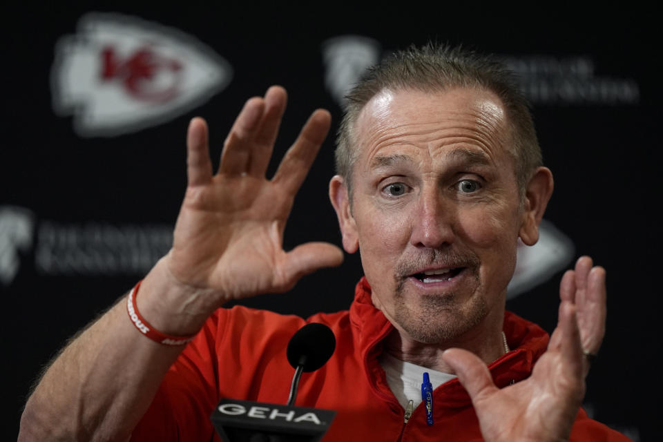 Kansas City Chiefs defensive coordinator Steve Spagnuolo talks to the media before the team's NFL football practice Friday, Feb. 2, 2024 in Kansas City, Mo. The Chiefs will play the San Francisco 49ers in Super Bowl 58. (AP Photo/Charlie Riedel)