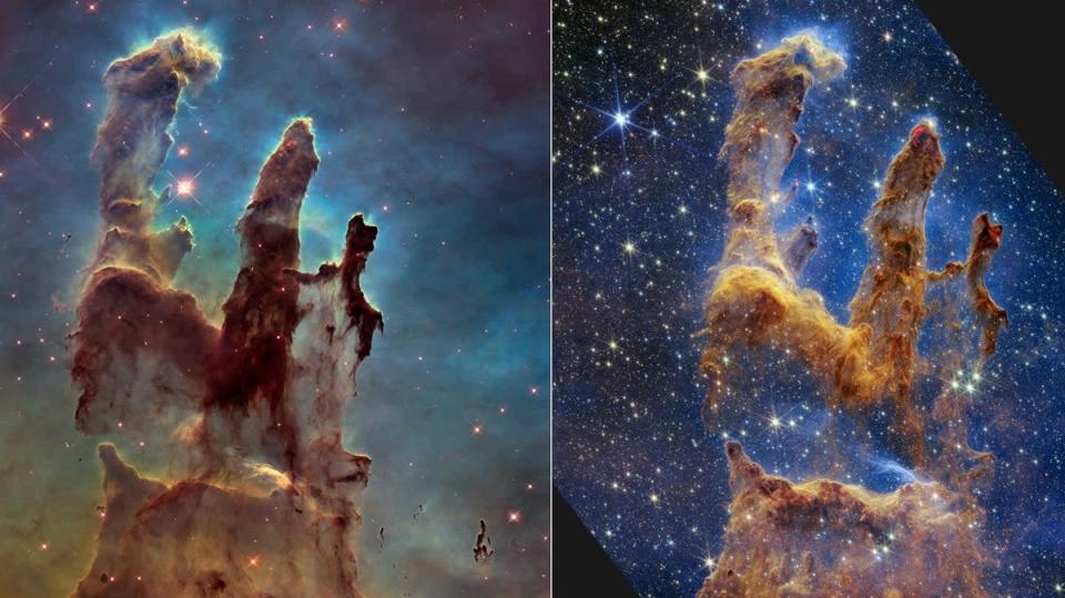 El Telescopio Espacial Hubble de la NASA hizo famosos los Pilares de la Creación con su primera imagen en 1995, pero volvió a visitar la escena en 2014 para revelar una vista más amplia y nítida en luz visible (izquierda) (NASA)