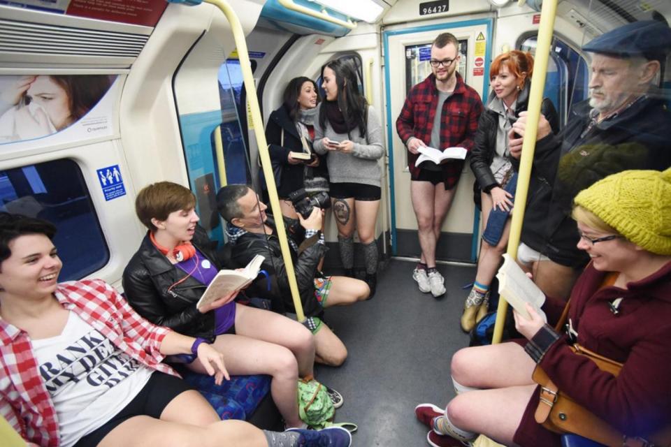 Londoners take part in a 'no trousers' Tube ride (EPA)