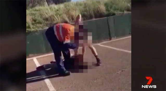 A father and son have been filmed beating up a teenager in South Australia. Source: 7 News