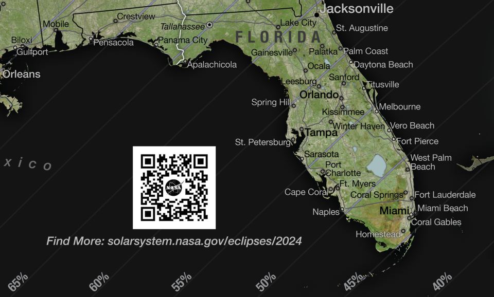 This map from NASA's Scientific Visualization Studio (Michala Garrison, Ernie Wright, Laurence Schuler and Ian Jones) shows the path of totality for the April 8, 2024, Total Solar Eclipse. The map includes states that are not in the path, like Florida. However, the map does note the percentage of visibility by state and city.