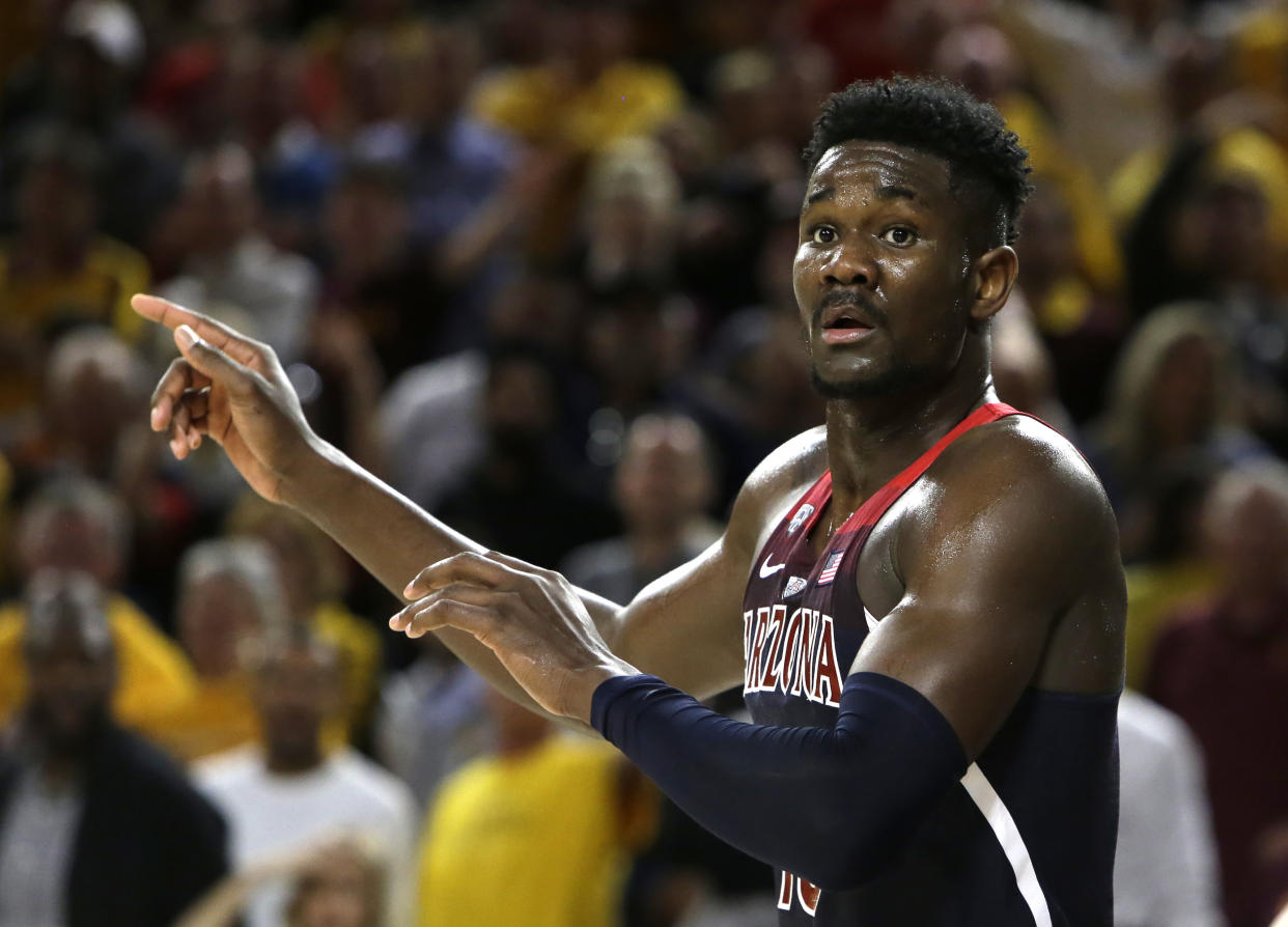 Arizona forward Deandre Ayton (13) in the second half during an NCAA college basketball game against Arizona State, Thursrday, Feb. 15, 2018, in Tempe, Ariz. Arizona defeated Arizona State 77-70. (AP Photo/Rick Scuteri)