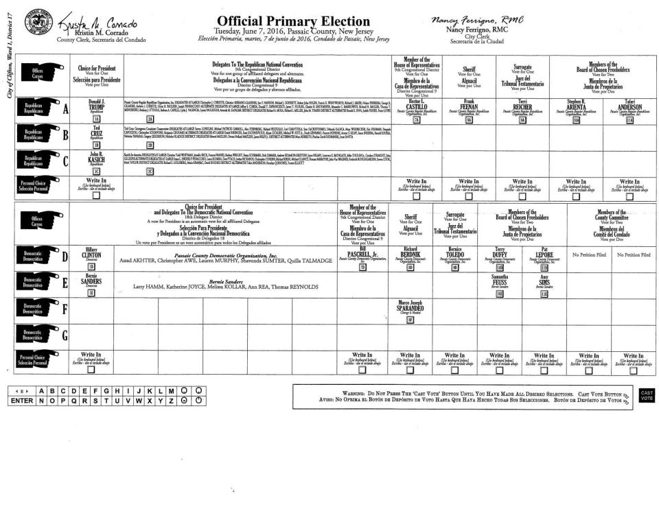 A primary election ballot from Paterson, N.J.