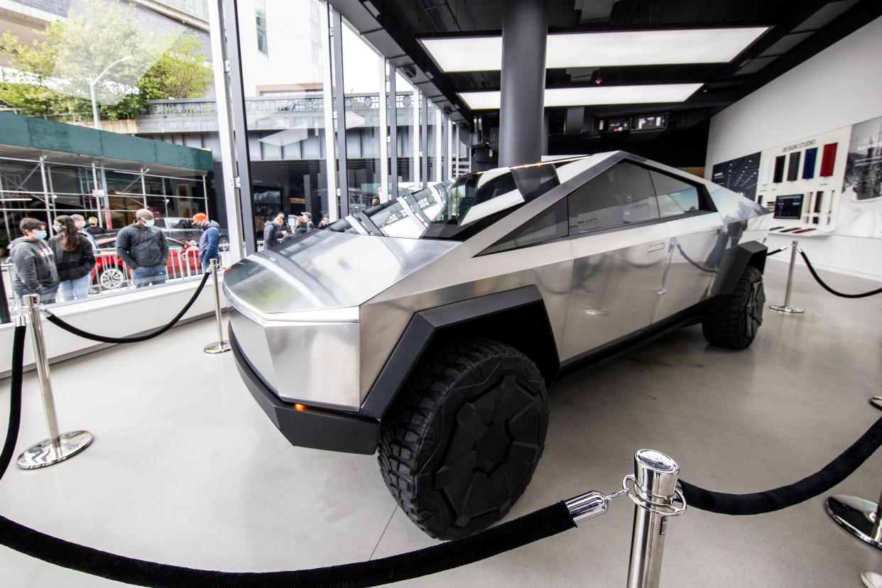 Tesla's Cybertruck is displayed at Manhattan's Meatpacking District in New York City, U.S., May 8, 2021.