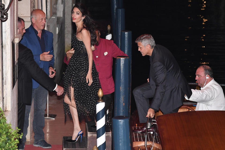 Amal Clooney dazzles in black-lace polka dot tulle dress on date night