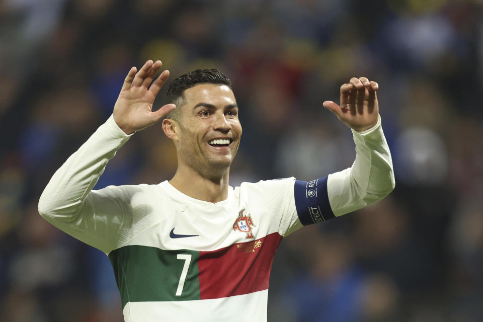 Portugal's Cristiano Ronaldo reacts during the Euro 2024 group J qualifying soccer match between Bosnia-Herzegovina and Portugal, at the Bilino Polje Stadium in Zenica, Bosnia and Herzegovina, Monday, Oct. 16, 2023. (AP Photo/Armin Durgut)