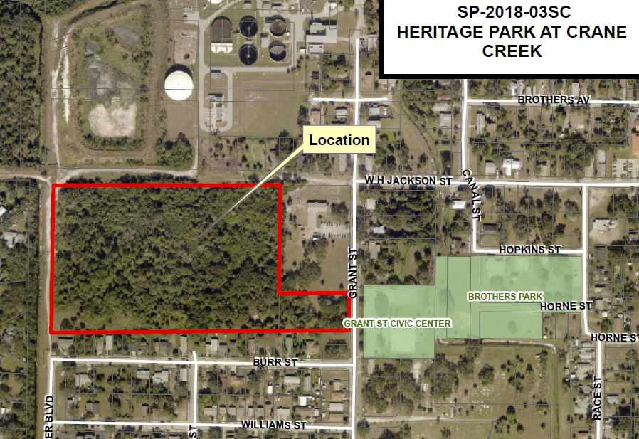 This map shows the 15-acre location of the Heritage Park at Crane Creek affordable housing complex under construction off Grant Street in Melbourne.