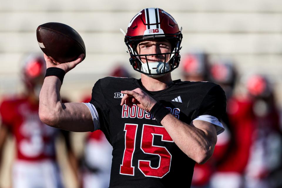 BLOOMINGTON, IN - March 28, 2024 - quarterback Tyler Cherry #15 of the Indiana Hoosiers during spring ball at Memorial Stadium in Bloomington, IN.