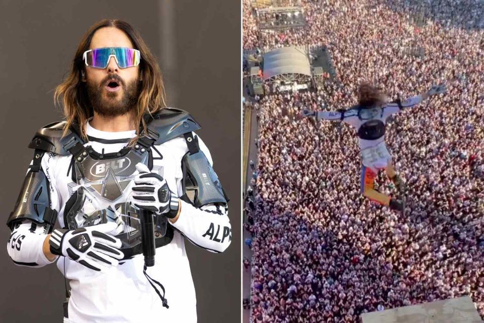 <p>Rick Kern/WireImage; Jared Leto/Instagram</p> Jared Leto bungee jumps during Thirty Seconds to Mars performance