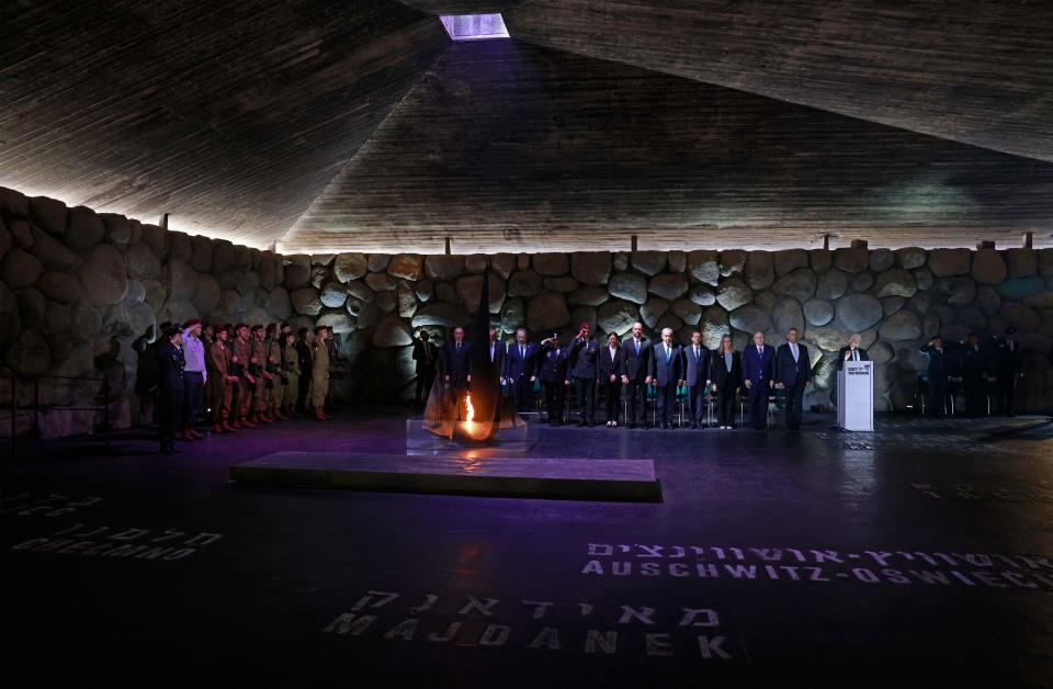 A ceremony at the Hall of Remembrance in Jerusalem's Yad Vashem Holocaust Museum on April 18, 2023 marks the annual Holocaust Remembrance Day in memory of the six million Jews killed during World War II.