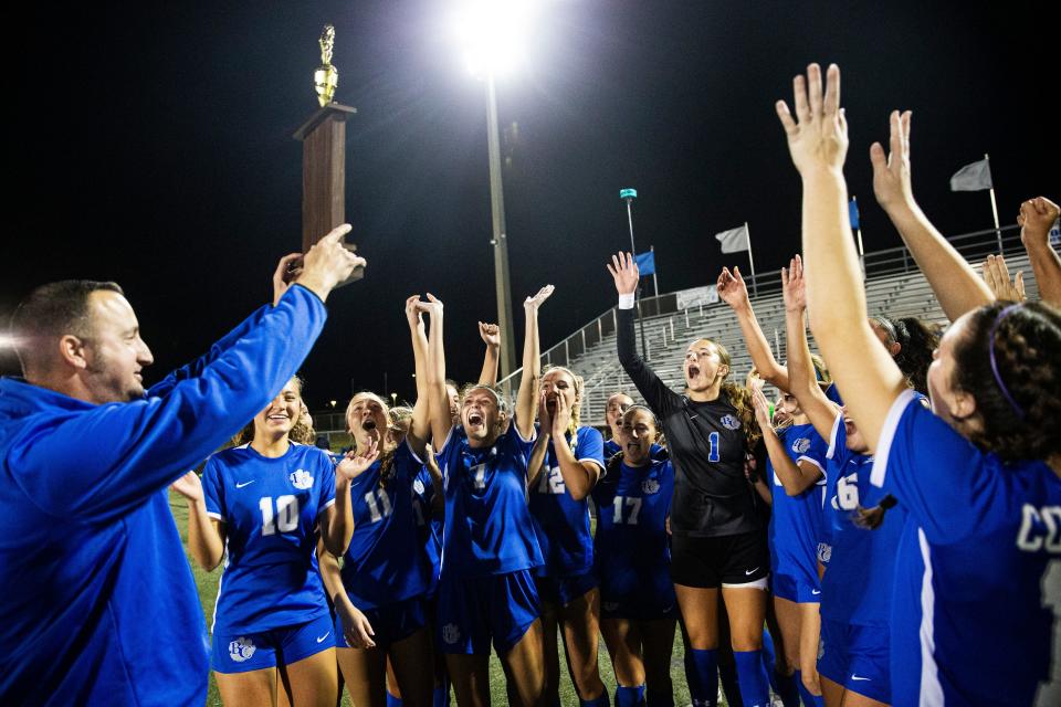 The Barron Collier girls soccer team celebrates a win over Naples in the CCAC Championships at Barron Collier onFriday, Jan. 5, 2024.