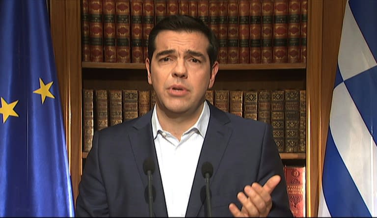 A TV grab shows Greek Prime Minister Alexis Tsipras addressing the nation from Athens, on July 1, 2015