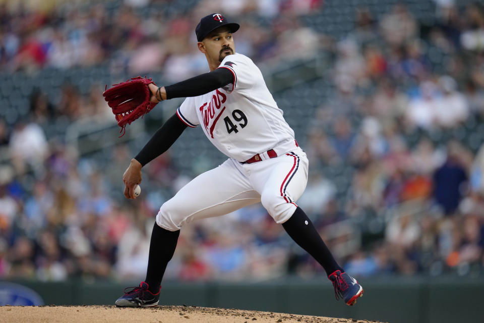 Minnesota Twins starting pitcher Pablo Lopez delivers during the second inning of the team's baseball game against the Kansas City Royals, Wednesday, July 5, 2023, in Minneapolis. (AP Photo/Abbie Parr)