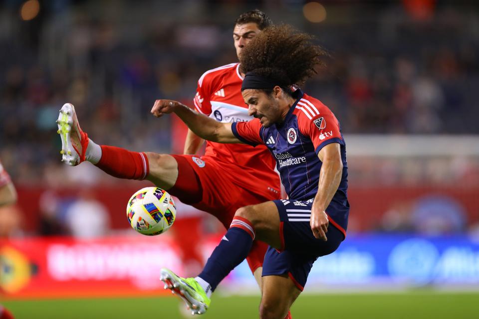 New England Revolution defender Ryan Spaulding (34) plays the ball during the first half against Chicago Fire FC at Soldier Field, May 4, 2024.