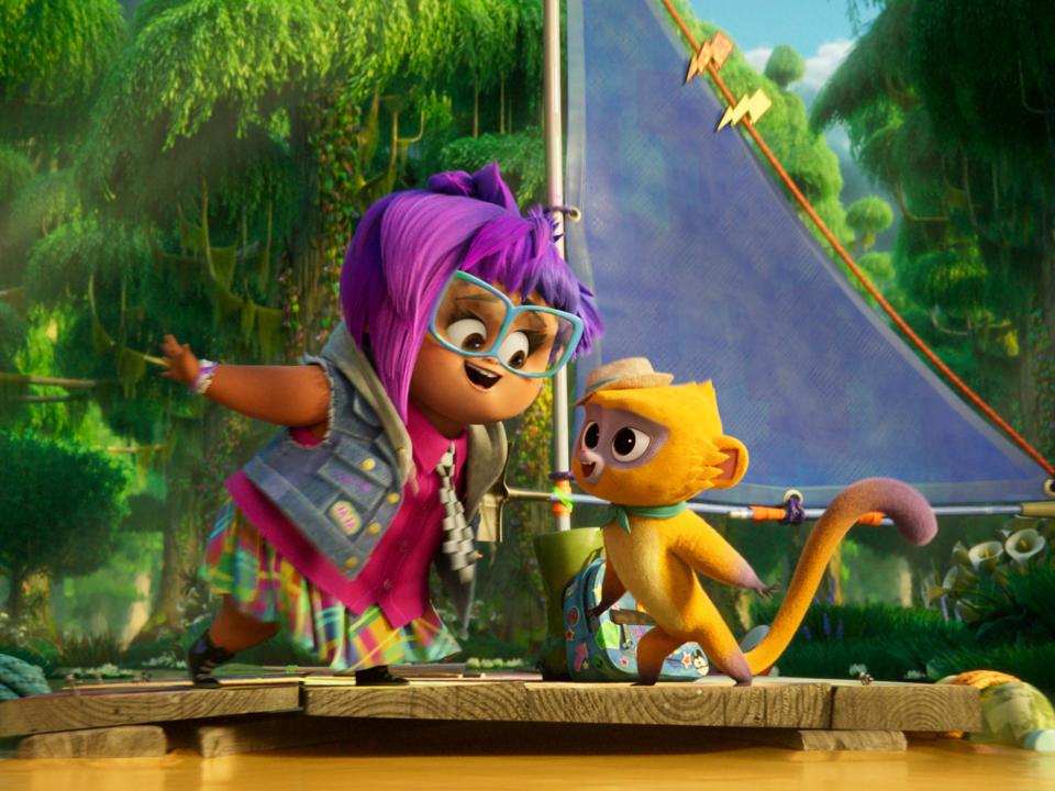 Vivo (Lin-Manuel Miranda), a kinkajou tasked with delivering a ballad from Cuba to Miami, teams up with a young, purple-haired girl (Ynairaly Simo) (Sony Pictures Animation)