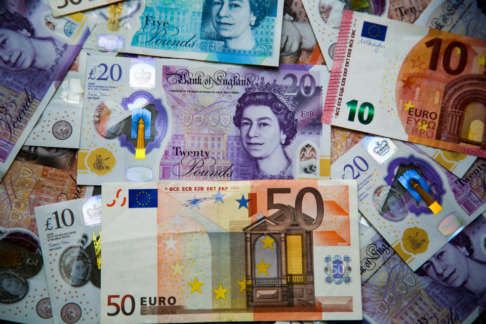 In this photo illustration, a collection of British five, ten and twenty pound sterling and ten and fifty Euro banknotes are seen displayed. (Photo by Dinendra Haria / SOPA Images/Sipa USA)