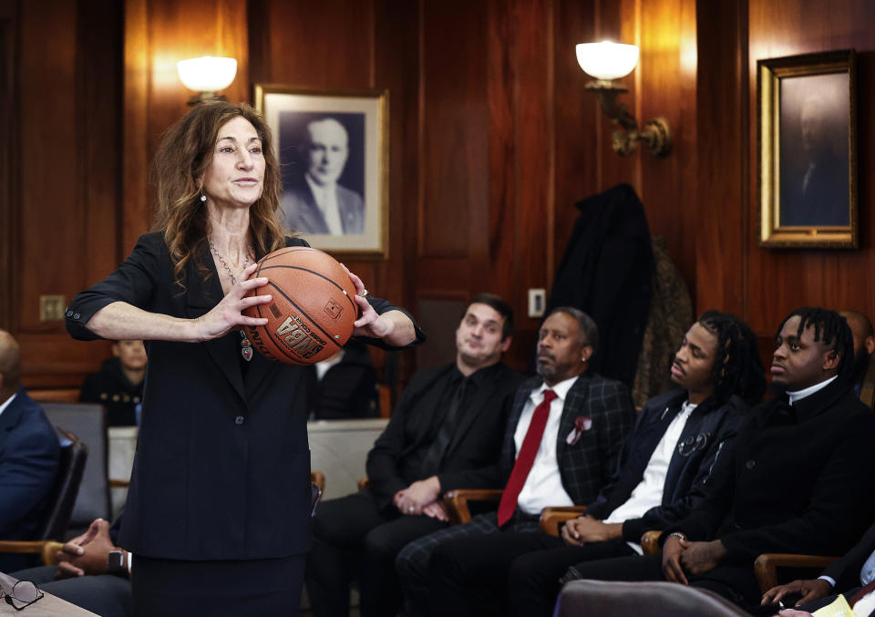 Attorney Rebecca Adelman, who represents Joshua Holloway, gives her opening statement in Judge Carol Chumney's courtroom at Shelby County Circuit Court on Monday, Dec. 11, 2023, in Memphis, Tenn. The hearing is to determine whether Memphis Grizzlies player Ja Morant used self defense while hitting Holloway last summer at his home. (Mark Weber/Daily Memphian via AP)