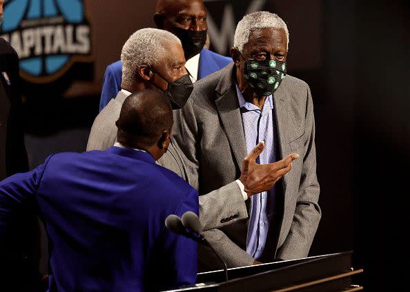 SPRINGFIELD, MASSACHUSETTS - SEPTEMBER 11: Bill Russell speaks during the 2021Naismith Memorial  Basketball Hall of Fame ceremony  presented by Charles Barkley , Julius Erving , Spencer Haywood , Alonzo Mourning , Bill Walton and  Rick Welts at Symphony Hall on September 11, 2021 in Springfield, Massachusetts. (Photo by Maddie Meyer/Getty Images)