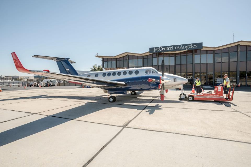 A King Air 350 plane is parked at Advanced Air's Jet Center Los Angeles. The California-based company is set to provide jet service out of Carlsbad to Phoenix and Albuquerque in late 2023.