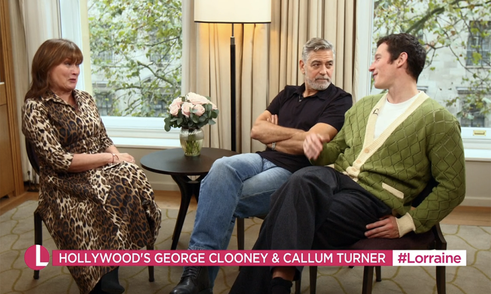 Laughing Lorraine Kelly interviews George Clooney and actor Callum Turner. (ITV screengrab)