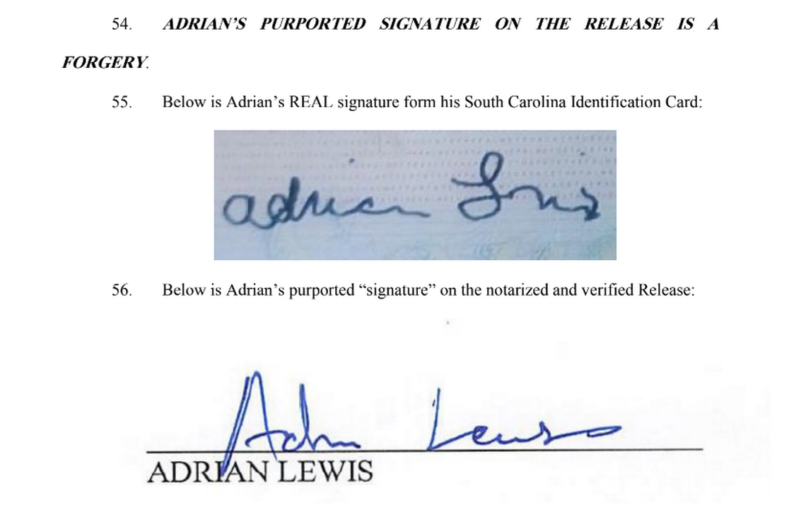 Attorneys for Adrian Lewis alleged that his signature was faked on a document authorizing a settlement in his lawsuit against the Dorchester County Sheriff’s Office. Bland Richter LLP