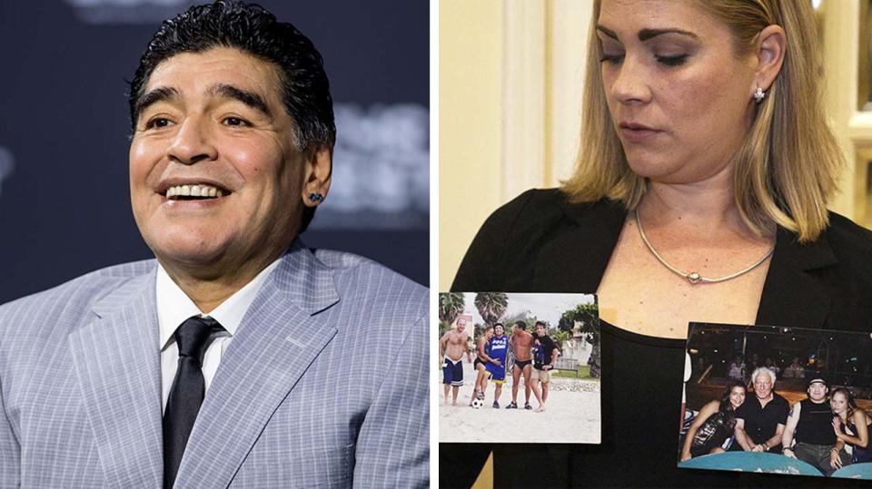 Mavys Alvarez (pictured right) showing images of her with Diego Maradona and (pictured left) Diego Maradona smiling.