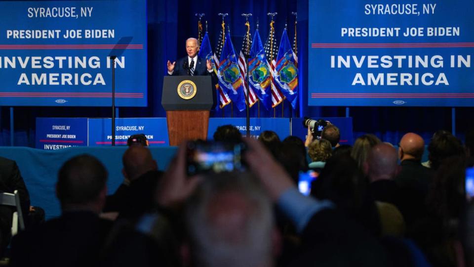 <div>US President Joe Biden speaks at the Milton J. Rubenstein Museum of Science and Technology in Syracuse, New York, US, on Thursday, April 25, 2024. The US plans to award Micron Technology Inc. $6.1 billion in grants and as much as $7.5 billion in loans to help the memory-chip maker build new American factories, rounding out a slew of major federal awards for advanced semiconductor manufacturing. Photographer: Lauren Petracca/Bloomberg via Getty Images</div>