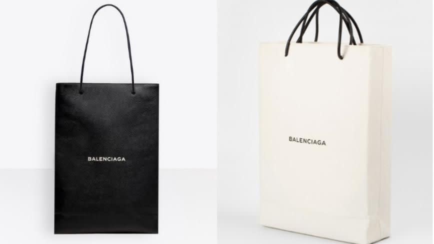 <p>Balenciaga verkauft auf ihrer Website schwarz-weiße „Einkaufstaschen“. Die kleine kostet 995 €, die große kostet knapp 2000 €. Foto: Balenciaga </p>