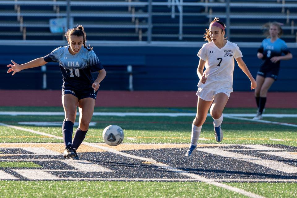 IHA plays River Dell in the Bergen County girls soccer quarterfinals at Indian Hills High School in Oakland, NJ on Saturday October 8, 2022. (From left) IHA #10 Stella DelSordo and RD #7 Brianna Azevedo.