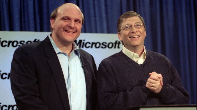 Mandatory Credit: Photo by Barry Sweet/AP/Shutterstock (6484636a)BALLMER GATES Microsoft's Steve Ballmer, left, and Bill Gates react to a question during a news conference in Redmond, Wash.