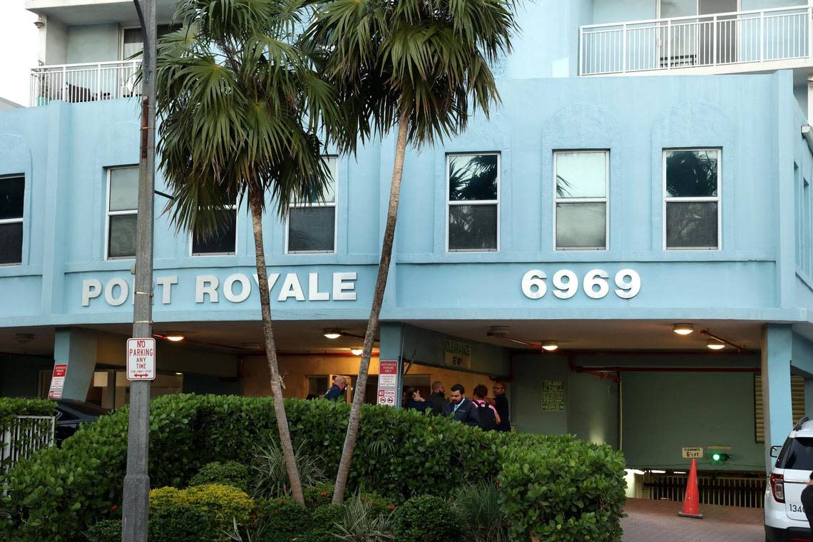 Residents gather outside the Port Royale Condominium located at 6969 Collins Ave, Miami Beach, after they were told to evacuate by 7 p.m. due to structural concerns on Thursday, Oct. 27, 2022.