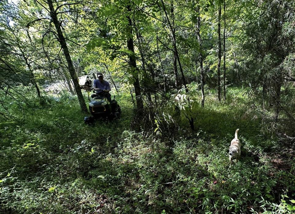 After he searched 75 years to find his family cemetery, Earl Blick, mobility-challenged, rides a lawnmower to visit his ancestors' graves in Lawrenceville, Virginia. His son's dog Ginger tags along.