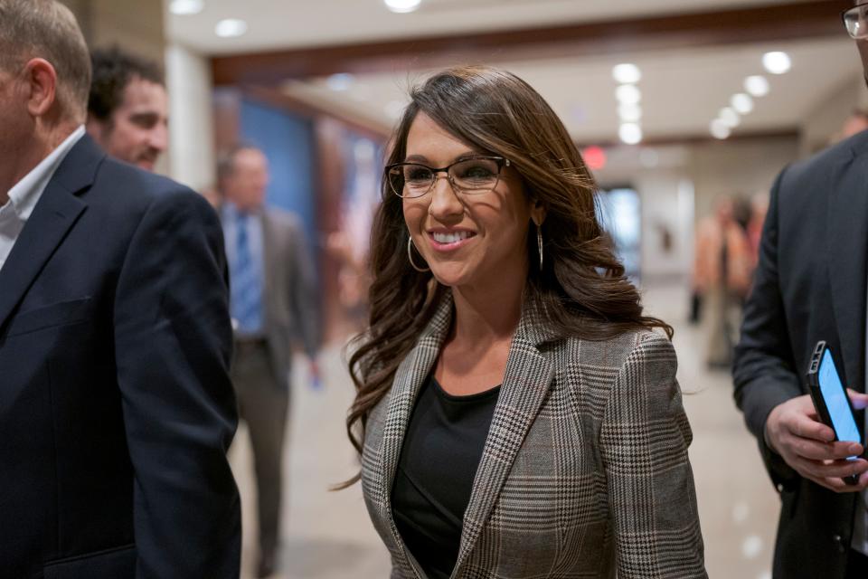 Rep. Lauren Boebert, R-Colo., who was in an unexpected tight race with Democratic challenger Adam Frisch, arrives to meet with fellow Republicans behind closed doors as Republicans hold its leadership candidate forum at the Capitol in Washington, Monday, Nov. 14, 2022.