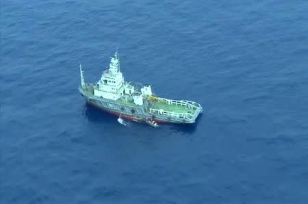 An aerial view of a vessel is seen as rescue teams recover debris of the EgyptAir jet that crashed in the Mediterranean Sea, in this still image taken from video on May 21, 2016. Egyptian Military/Handout via Reuters TV